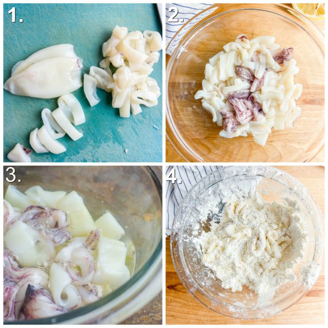 Step by step photos for cooking calamari. Cutting calamari into pieces. Soaking calamari in lemon juice. Dipping calamari in egg whites. Dredging in flour/cornstarch mixture. 