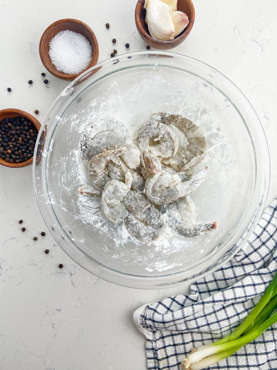 Raw shrimp tossed in cornstarch. 