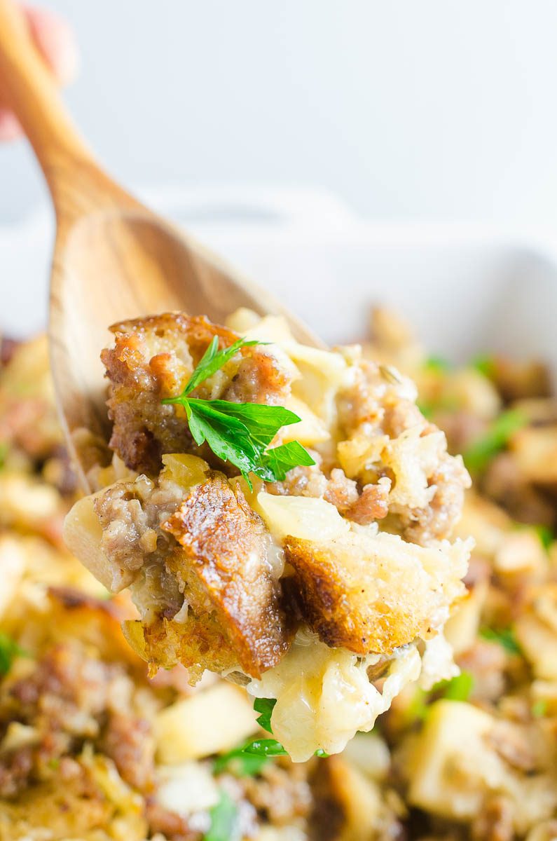 Spoonful of sausage apple stuffing with brie cheese. 