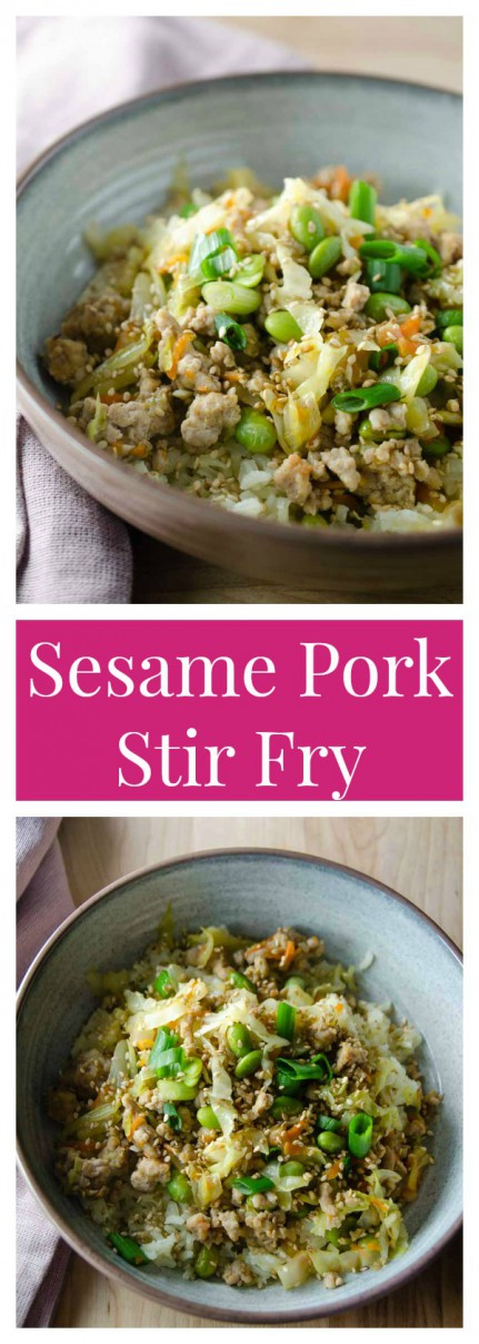 Sesame Pork Stir Fry is a quick and easy weeknight meal loaded with ground pork and veggies. 