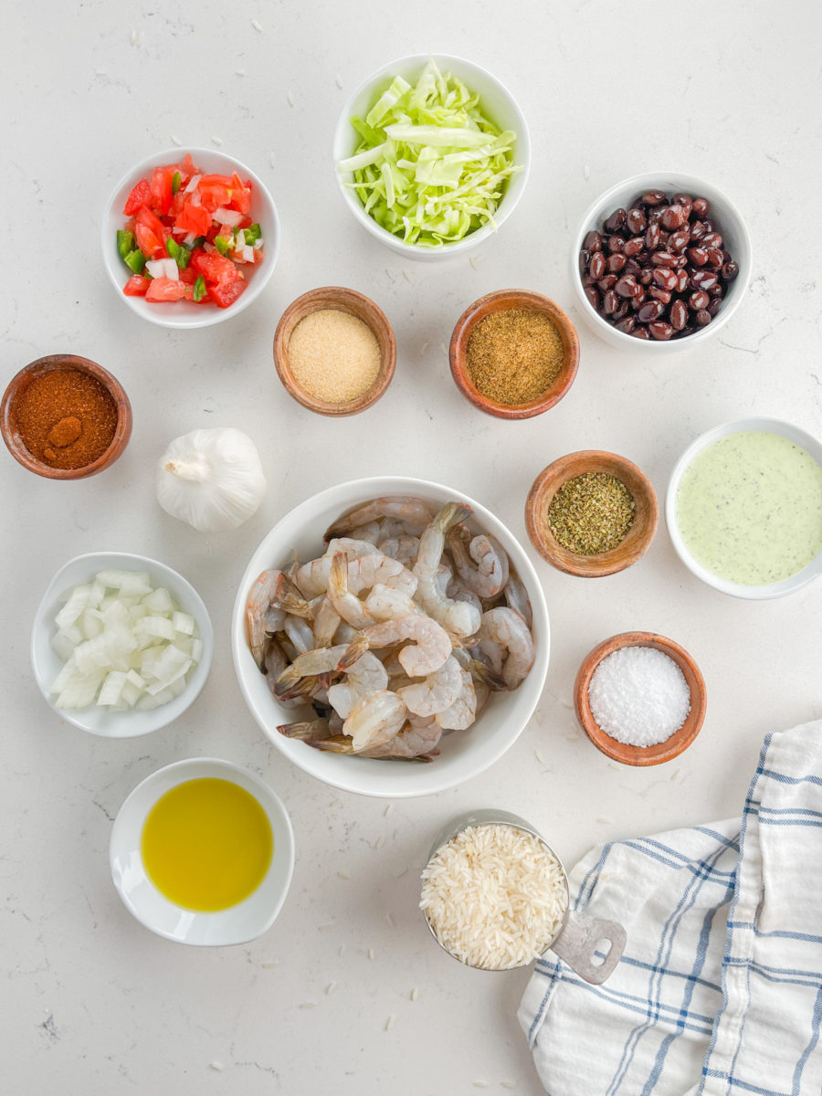 Shrimp Bowl Ingredients on a white background. 