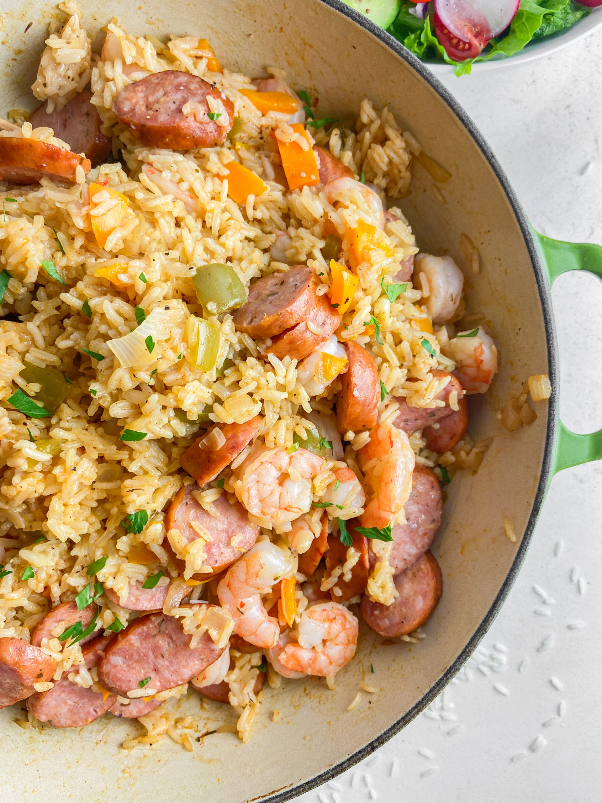 Shrimp and Sausage Jambalaya in a pan. 