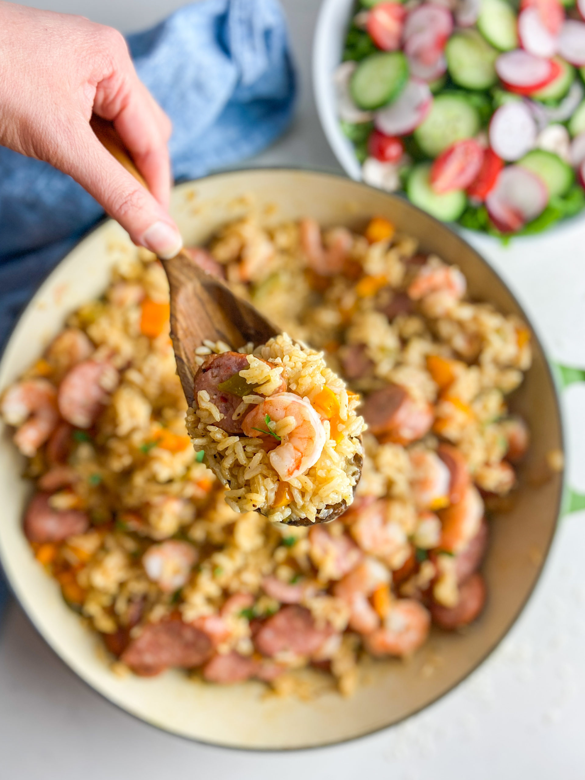 Spoonful of sausage and shrimp jambalaya