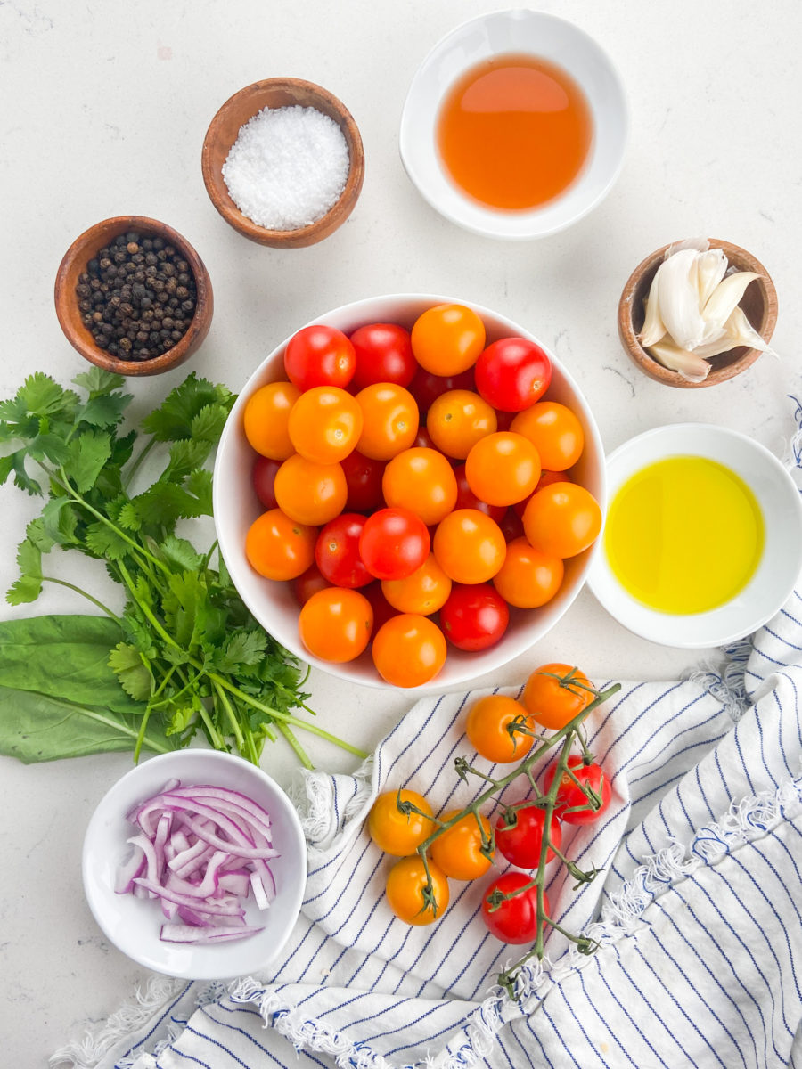 Tomato salad ingredients on white background. 