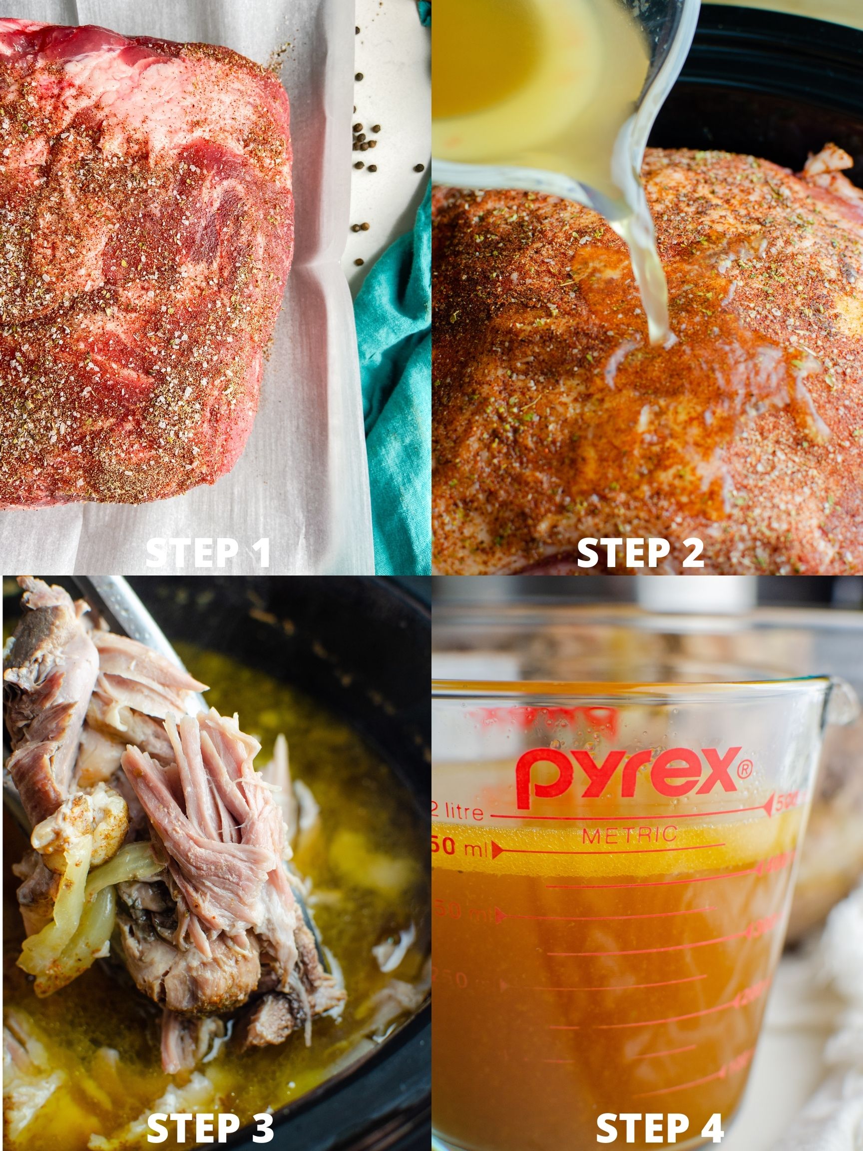 Step by step photos for slow cooker pulled pork. 
