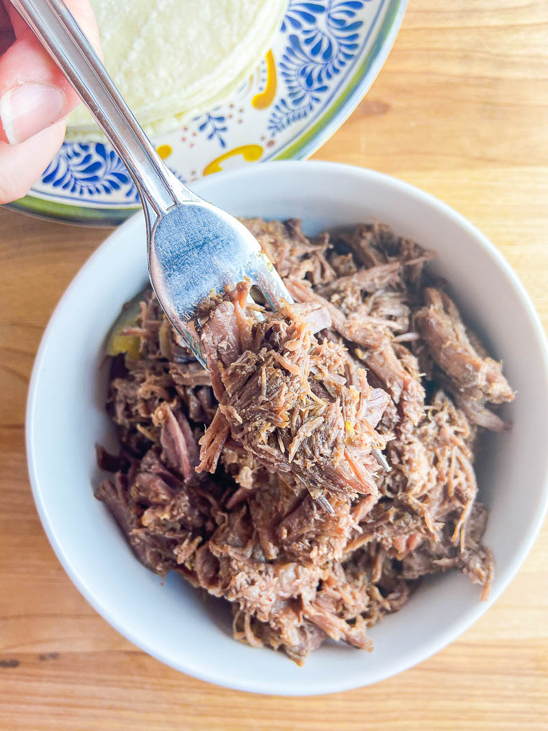 Shredded slow cooker beef on a fork. 