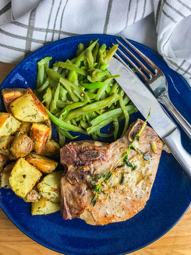 Overhead photo of sous vide pork chops on plate