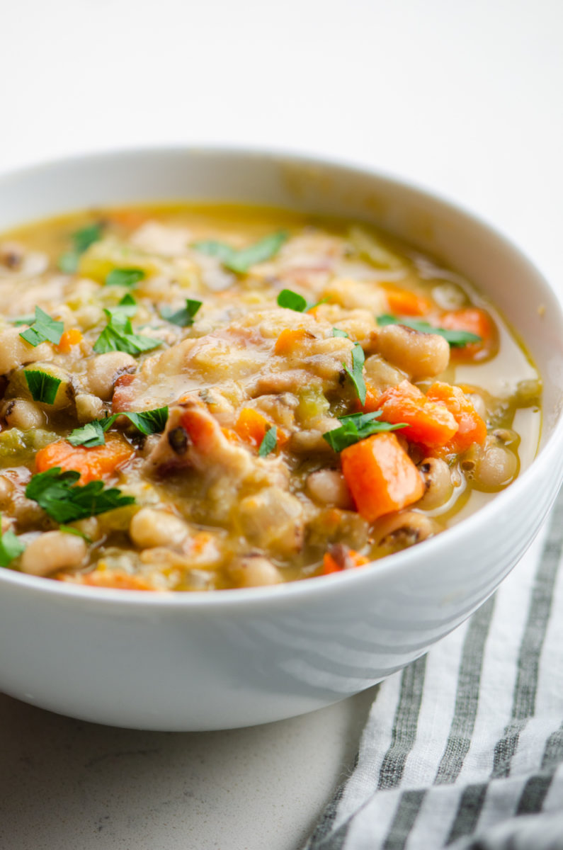 A bowl of southern style black eyed peas. 