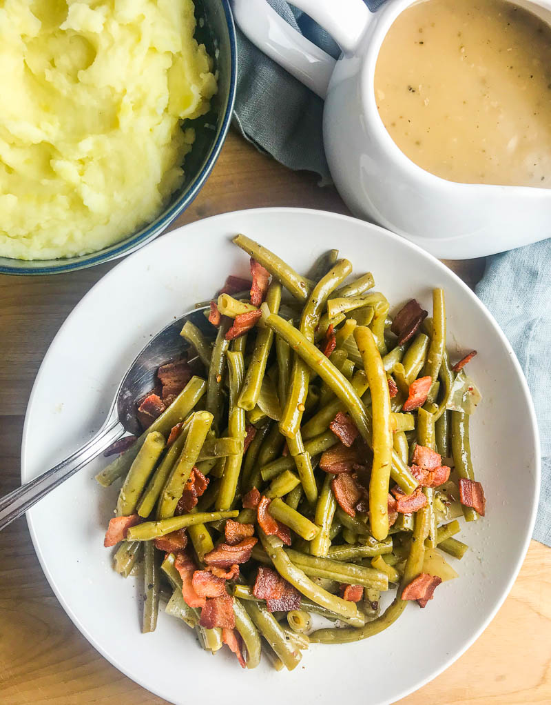 Overhead photograph of southern style green beans. 