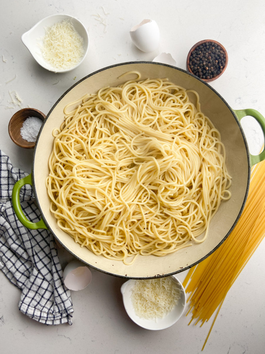 Pasta in a large pan. 