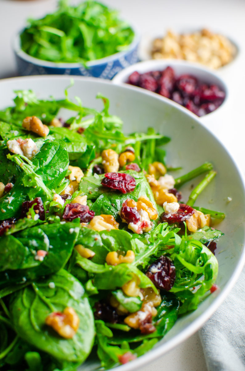 Side view of spinach cranberry salad.