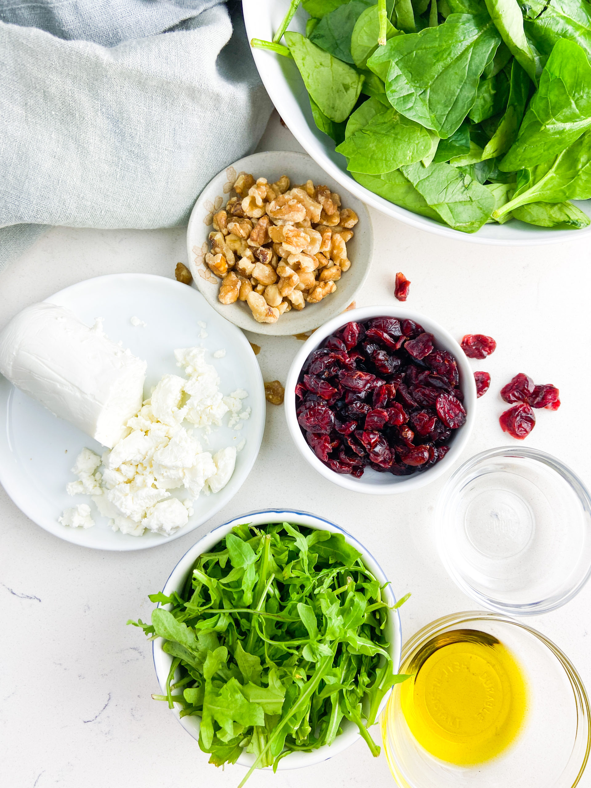 Overhead photo of salad ingredients. 