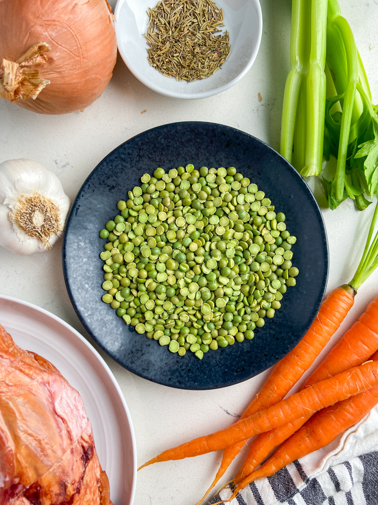 Overhead photo of ingredients needed to make split pea with ham hock. 