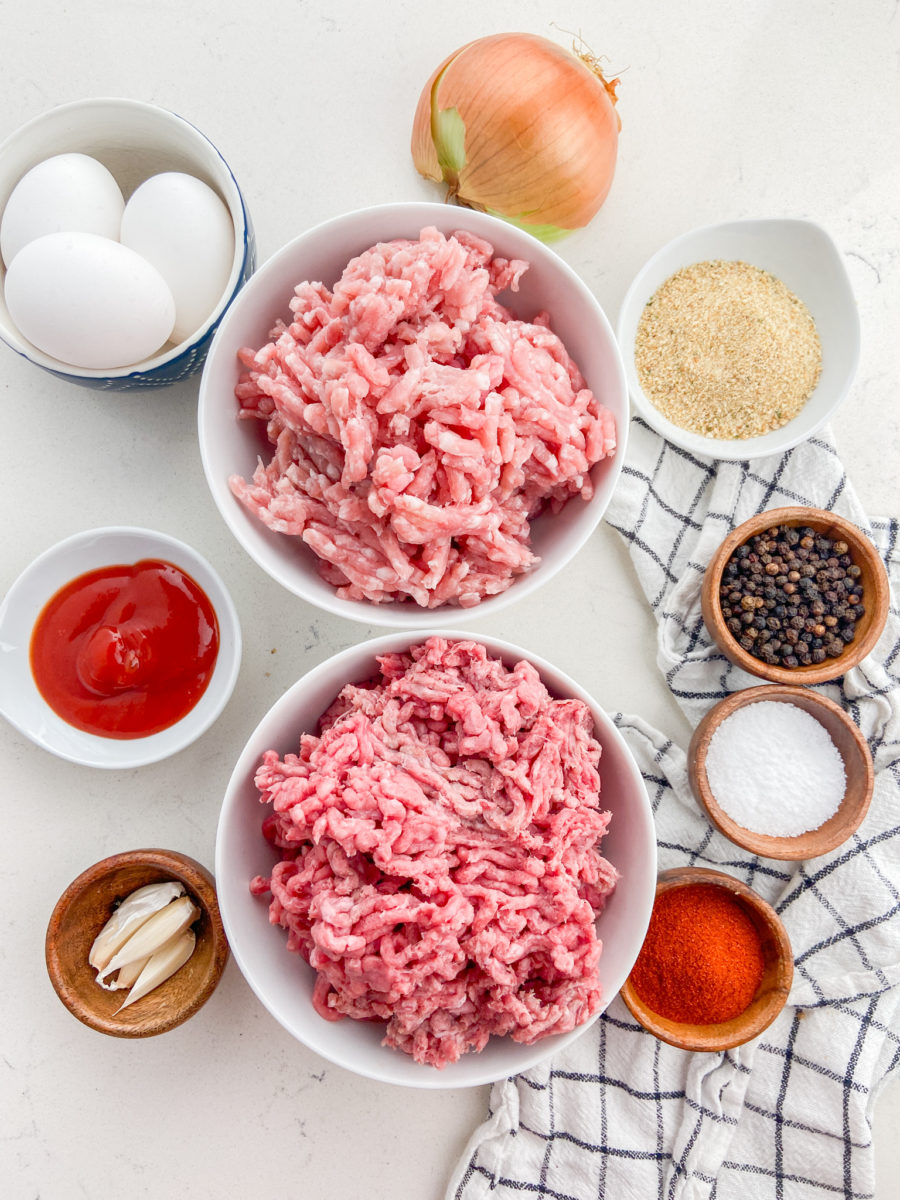 Overhead photo of ingredients needed to make sriracha meatloaf. 