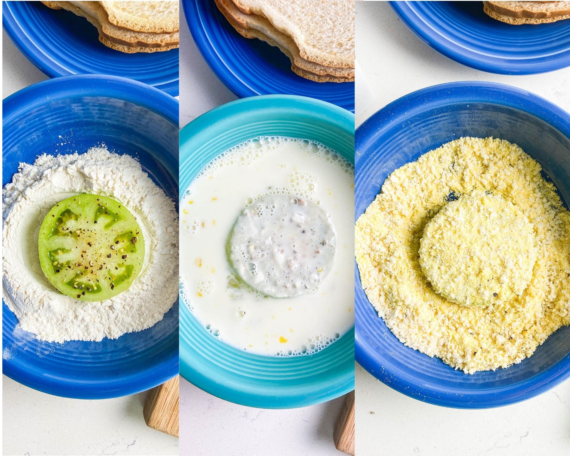 Assembly of fried green tomatoes: Photo 1 green tomato in flour, photo 2, green tomato dipped in egg/milk photo 3: green tomato dipped in cornmeal/panko mixture. 