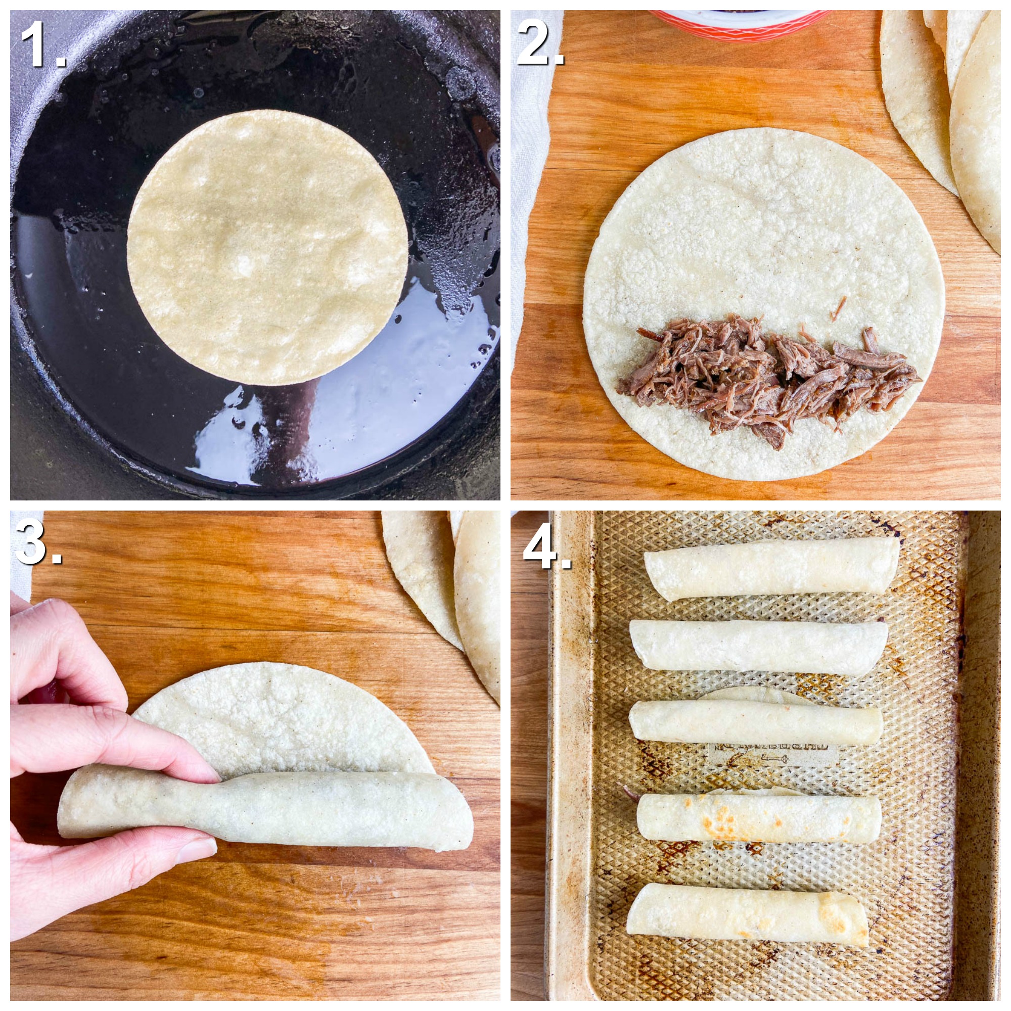 Step by Step photos showing how to make shredded beef taquitos