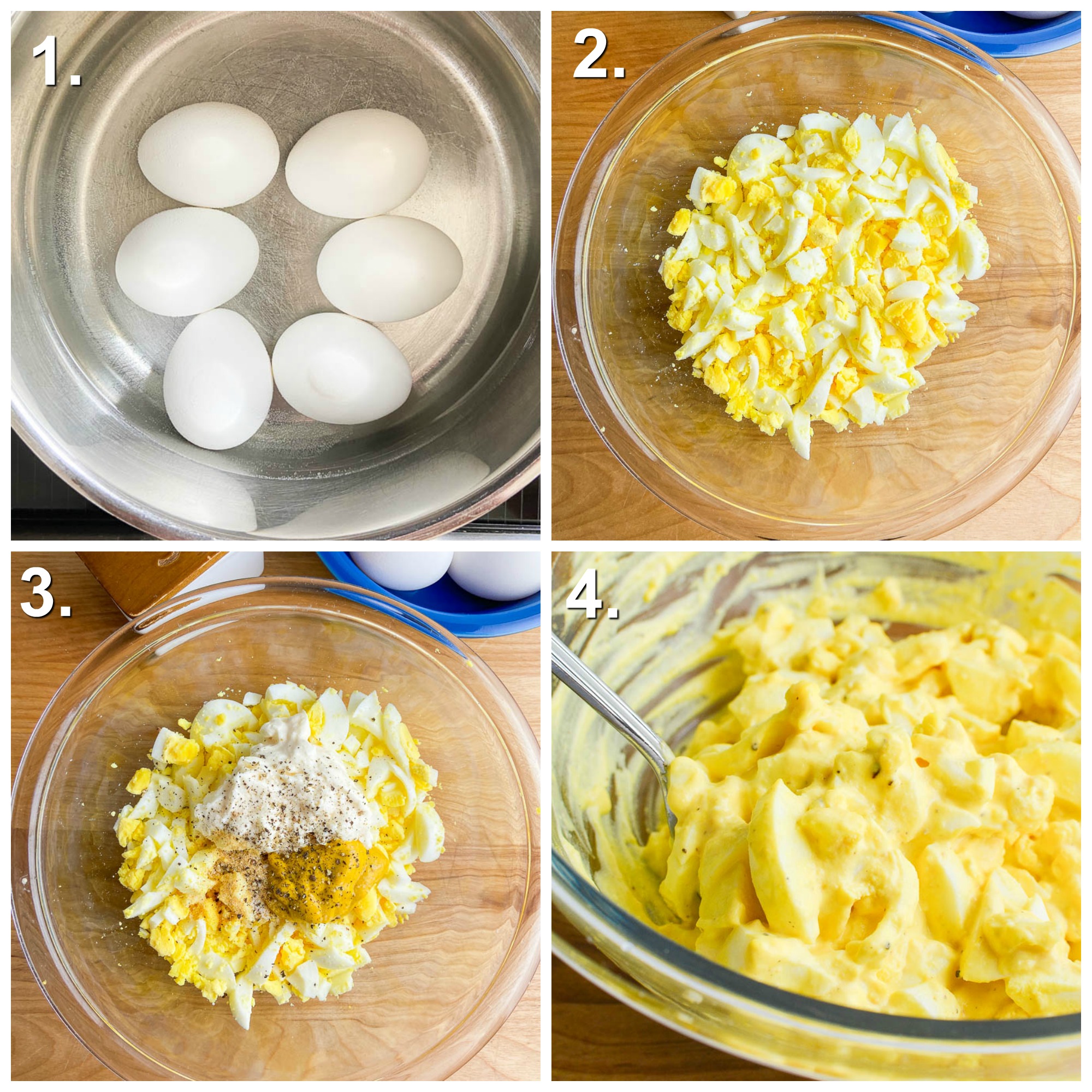 Step by Step Photos for how to make egg salad. Photo 1: hard boiled eggs Photo 2: chopped eggs in glass bowl. Photo 3: all ingredients in glass bowl Photo 4: Egg salad in glass bowl with spoon. 