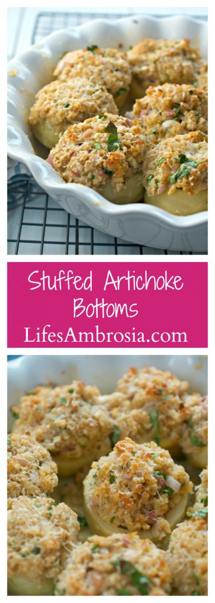 These stuffed artichoke bottoms are stuffed with parmesan, chopped clams, shallots and breadcrumbs. They are the perfect bite for holiday parties!