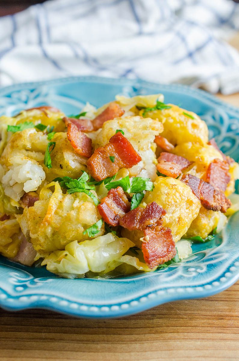Easy Tater Tot Casserole with kielbasa and cabbage