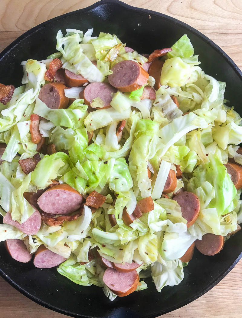 Sauteed Kielbasa and Cabbage in a skillet