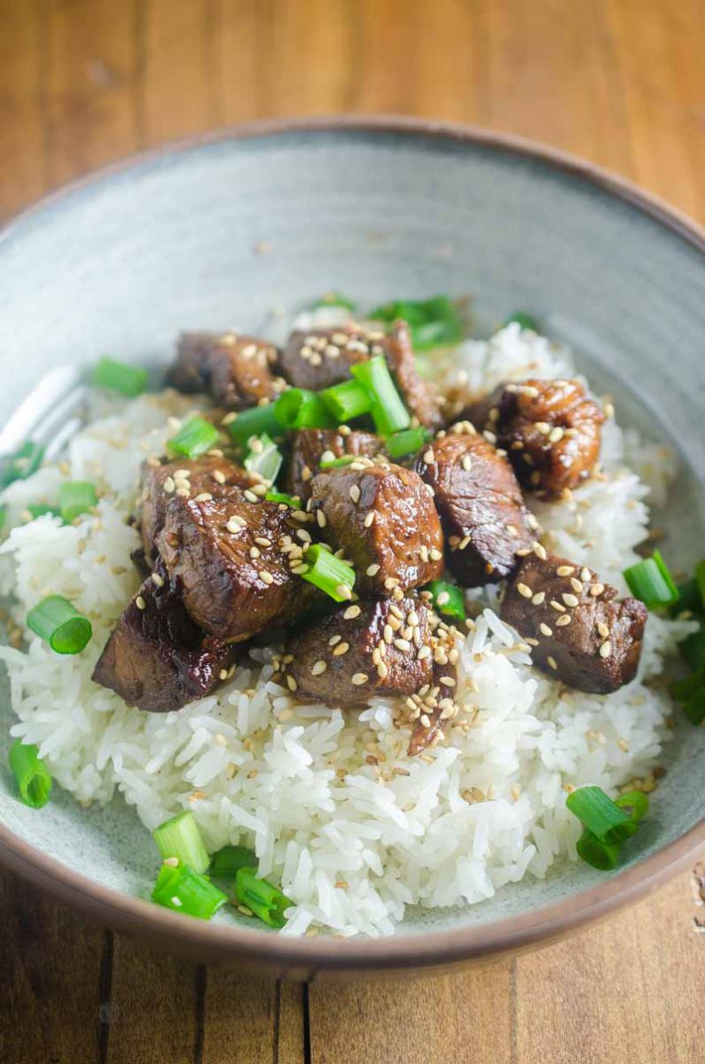 These Tender Teriyaki Steak Bites are marinated in a sweet n' tangy teriyaki sauce then cooked to perfection. They are bite size and perfect for the whole family. 