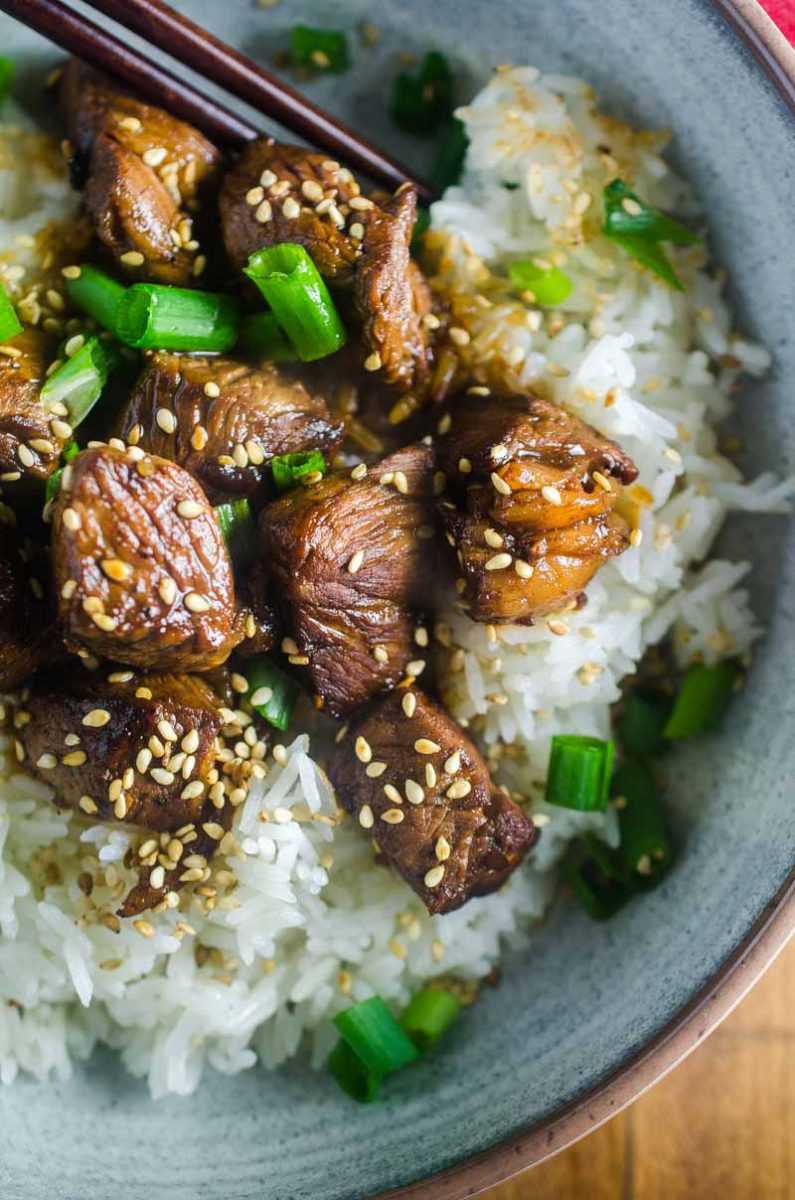 These Tender Teriyaki Steak Bites are marinated in a sweet n' tangy teriyaki sauce then cooked to perfection. They are bite size and perfect for the whole family. 