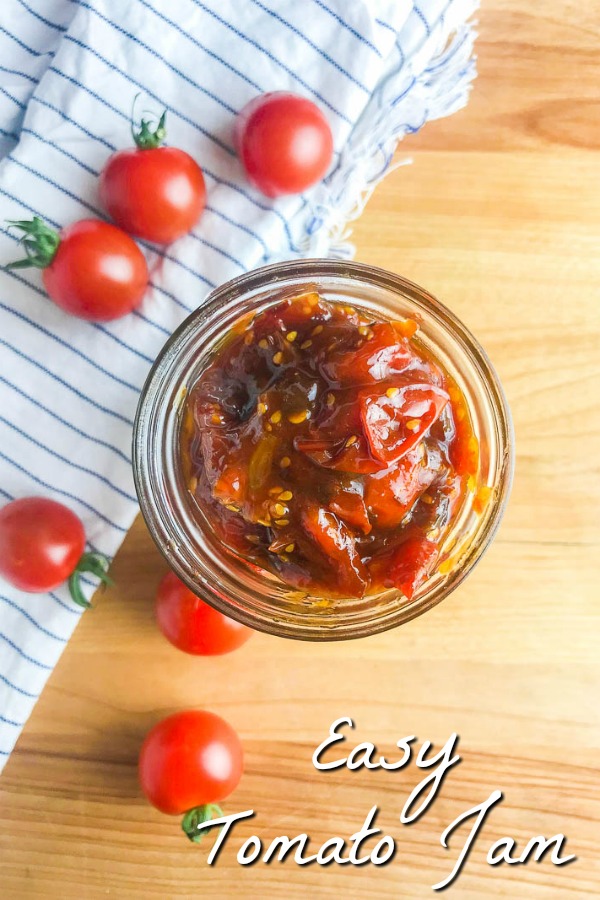 Wondering what to do with all your summer tomatoes? This Tomato Jam is perfect! Sweet and savory it's great on bread, with cheeses, burgers and sandwiches. #tomatojam #jam #vegan #vegetarian