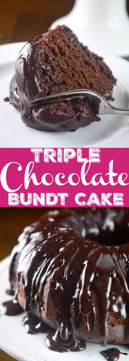 Chocolate cake studded with chocolate chips and drizzled with chocolate ganache. This Triple Chocolate Bundt cake is decadent, rich and luscious.
