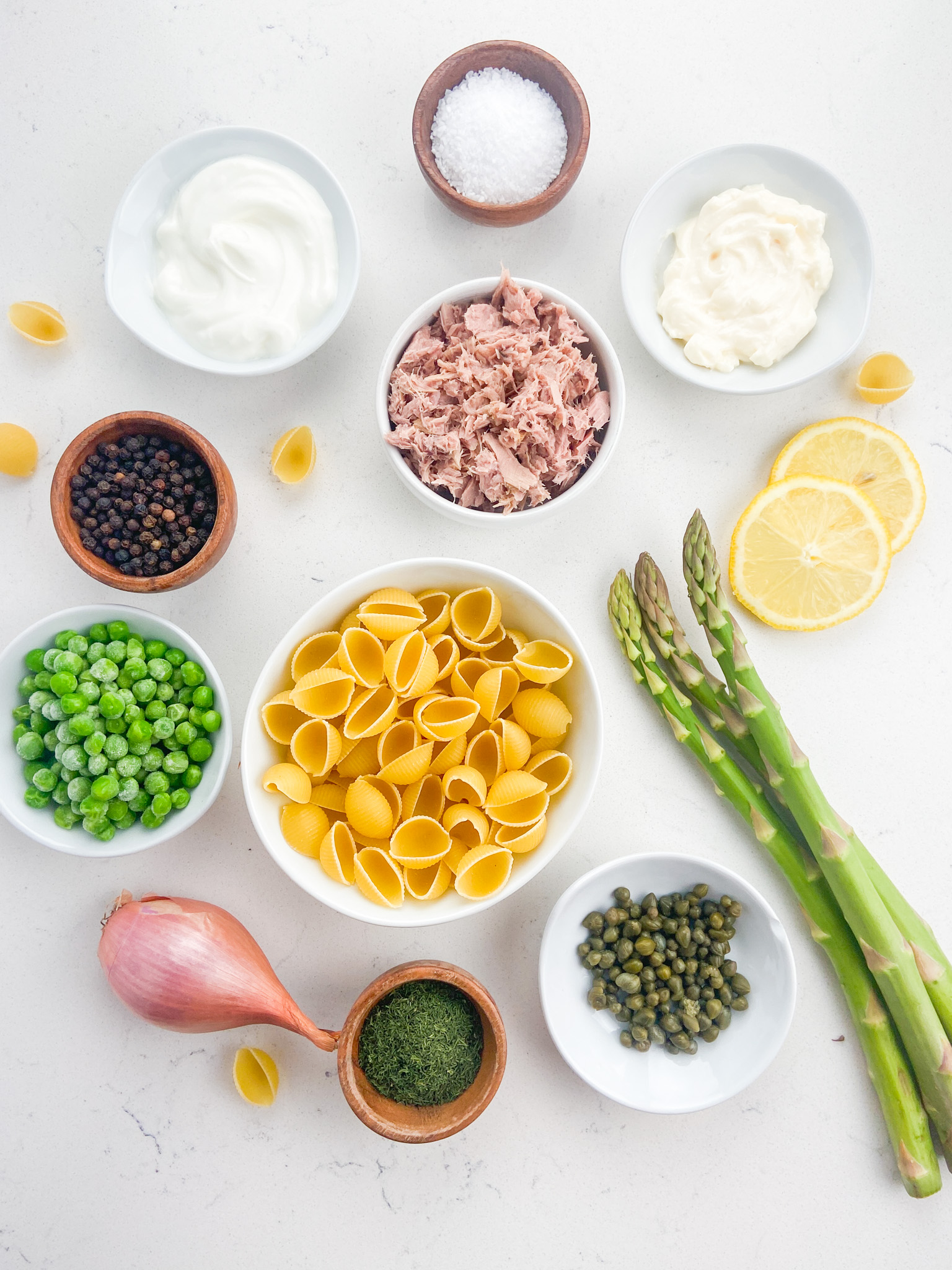 Tuna pasta salad ingredients. 