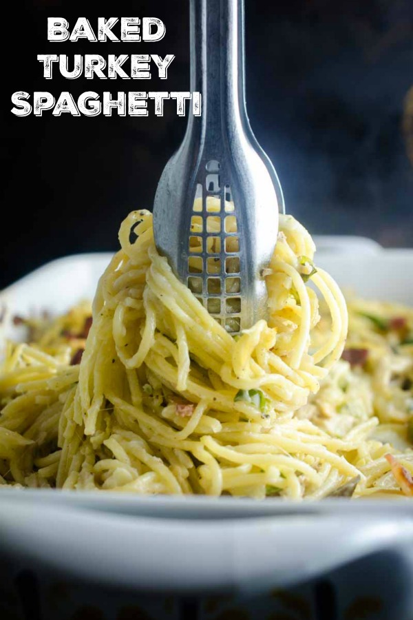 Use your leftover turkey to make this creamy Baked Turkey Spaghetti. Loaded with shredded turkey, brussels sprouts, mushrooms, bacon and cheese. #leftovers #pasta #turkey #bakedspaghetti #brusselssprouts