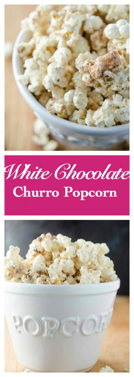 Everyone's favorite theme park treat gets turned into a popcorn snack with this churro popcorn loaded with cinnamon, sugar and white chocolate.