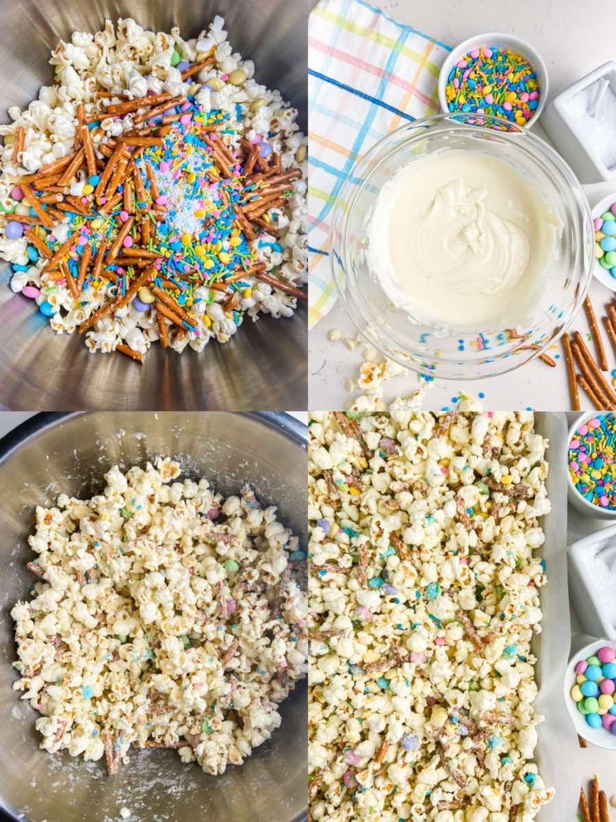 a collage of 4 photos showing how to make white chocolate popcorn. 