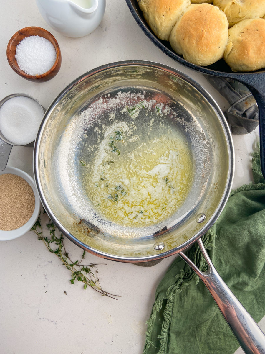 Melted butter and thyme in skillet. 