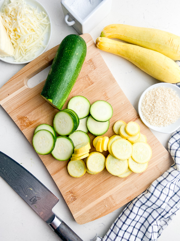 Overhead photo of ingredients needed for zucchini casserole. 