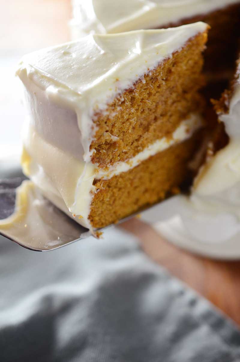 This Pumpkin Cake with Amaretto Cream Cheese Frosting is the perfect fall celebration cake!